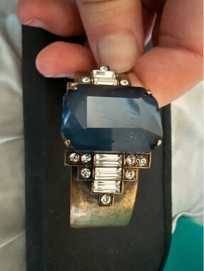 Loren Hope Brass Statement Cuff Bracelet Emerald Cut Blue Rhinestone